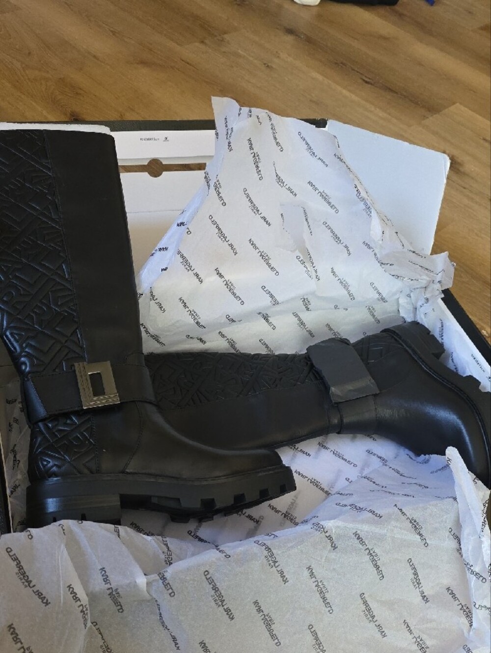 Karl Lagerfeld Black Quilted Tall Moto Boot with Buckle Accent - Picture 5 of 6